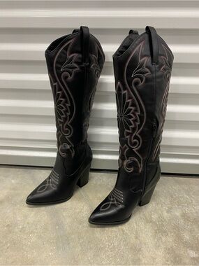 Women's Black Embroidered Western Knee-High Boots